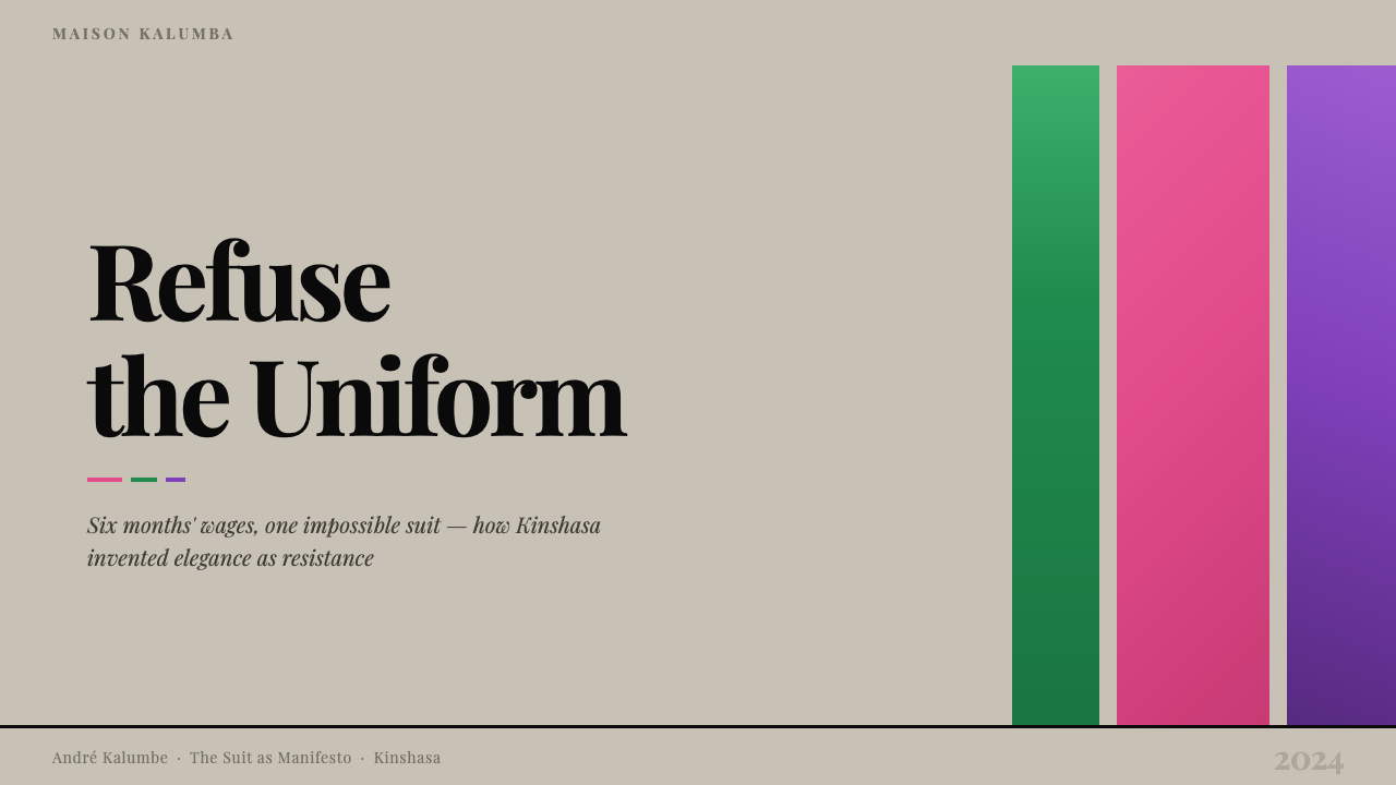 Congolese Sapeur (Kinshasa Suit) design style applied to a Slide · cover