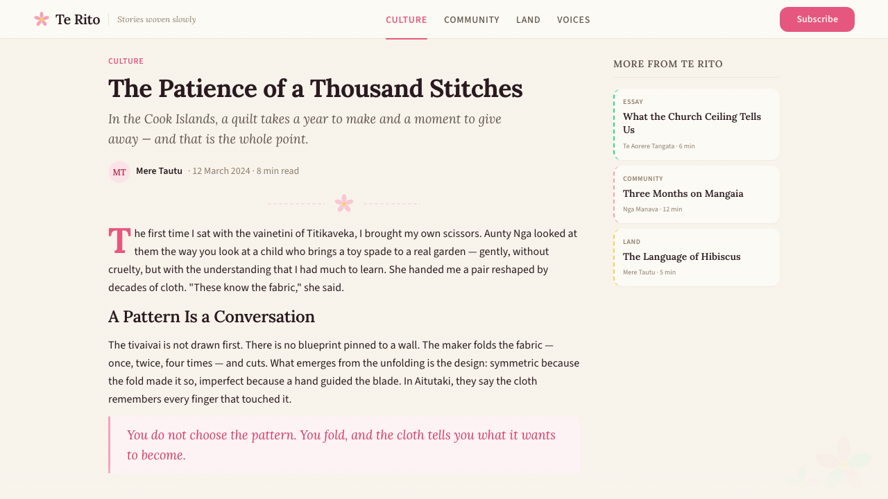 Cook Islands Tivaivai design style applied to a Article page