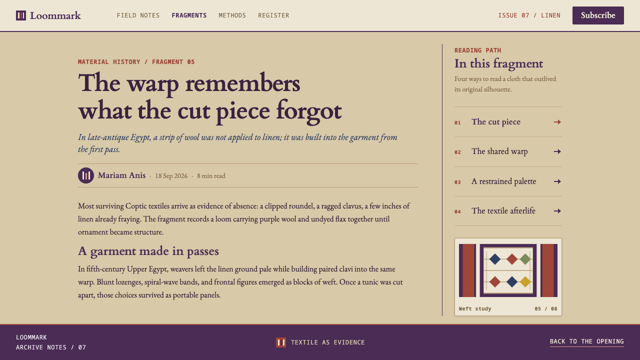 Coptic Tunic Weave design style applied to a Article page