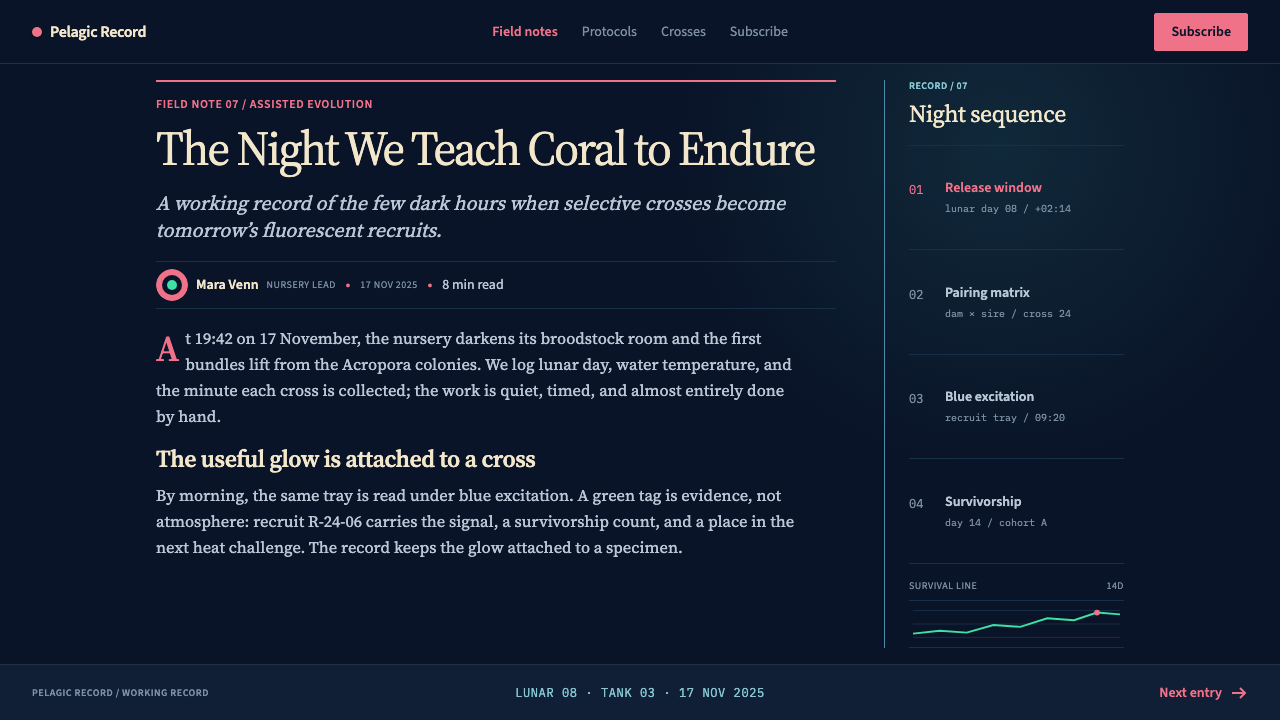 Coral Assisted Evolution design style applied to a Article page