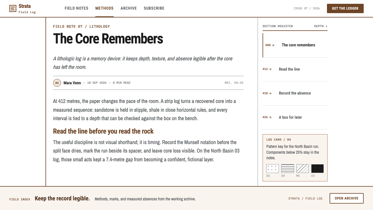 Core Sample Log design style applied to a Article page