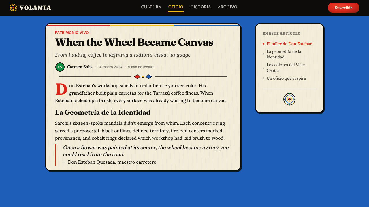 Costa Rican Oxcart Sarchí 1900 design style applied to a Article page
