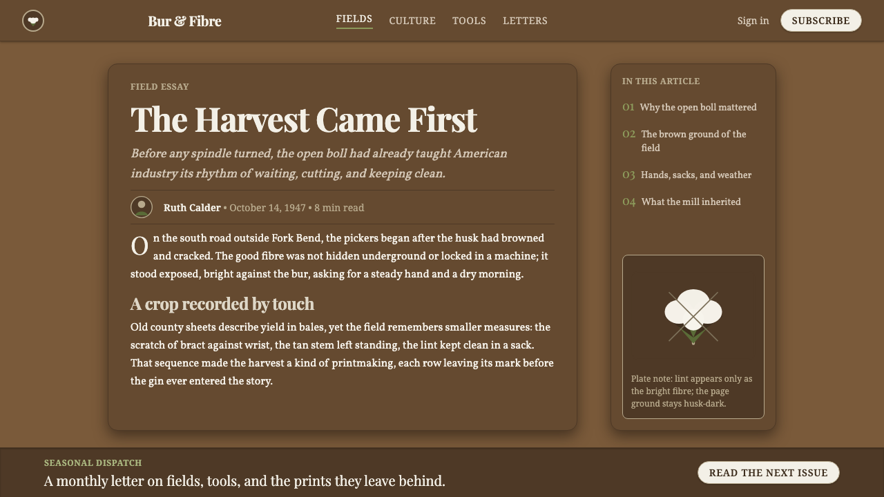 Cotton Boll Harvest design style applied to a Article page