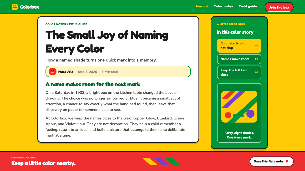 Crayola (1903) design style applied to a Article page