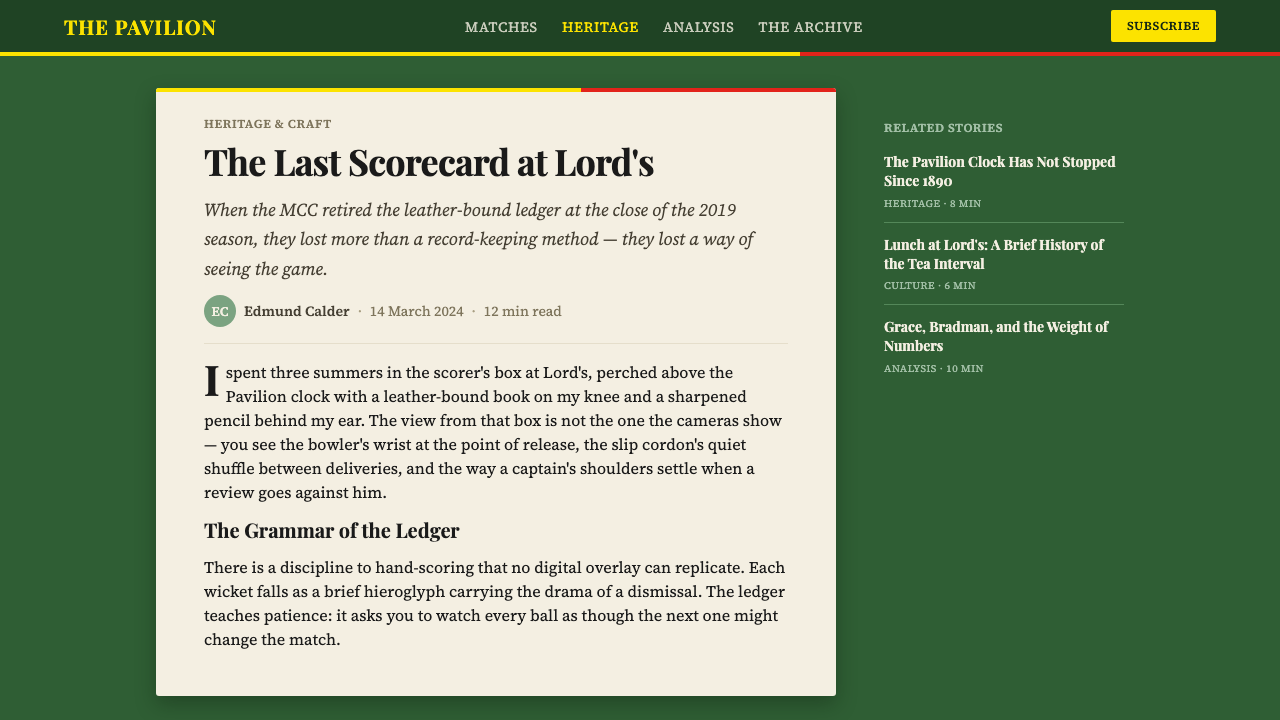 Cricket Test Scorecard design style applied to a Article page