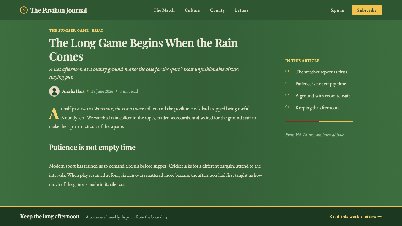 Cricket Whites Flannels design style applied to a Article page