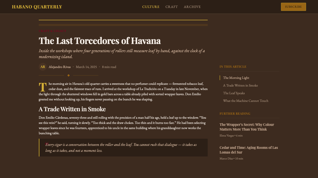 Cuban Habano Cigar design style applied to a Article page