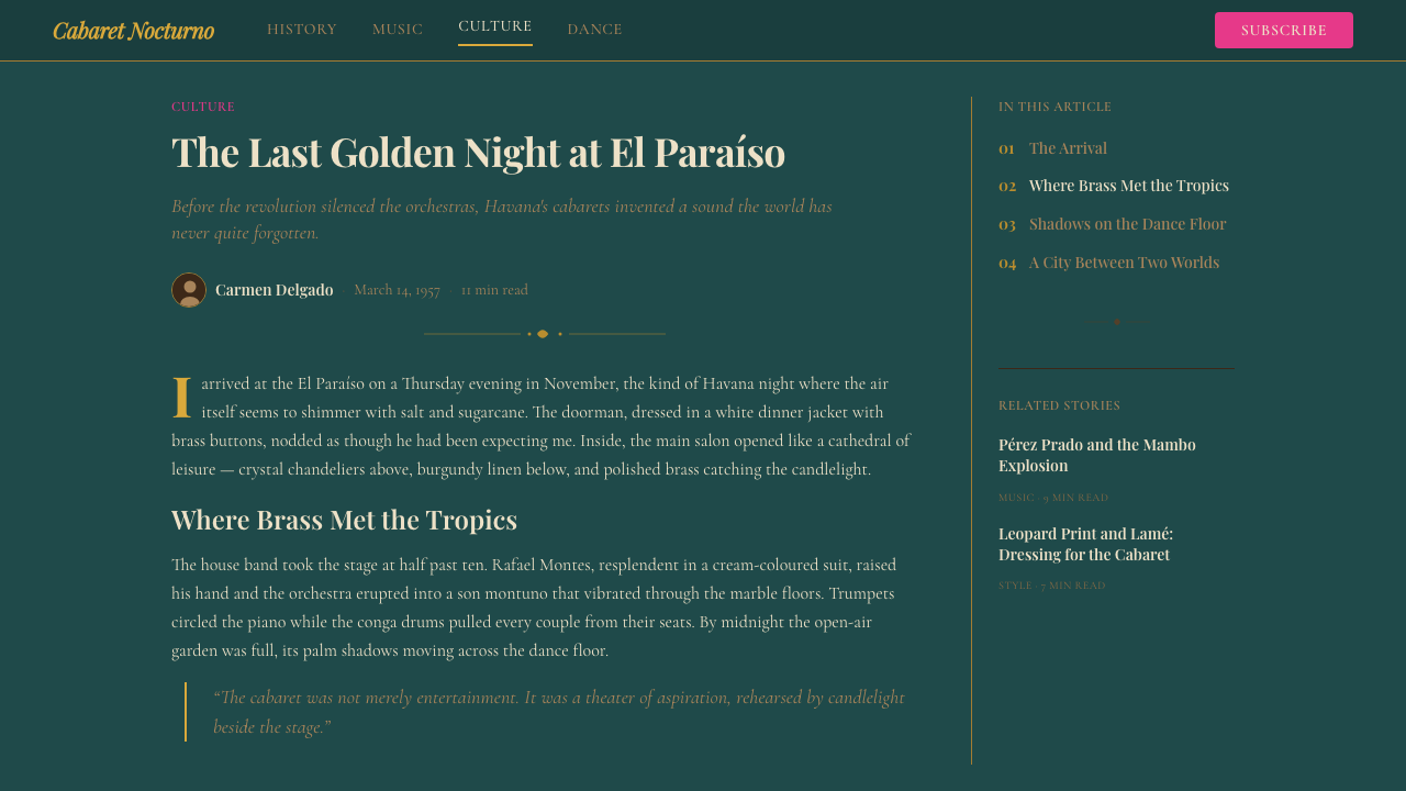 Cuban Salsa Cabaret (1950) design style applied to a Article page