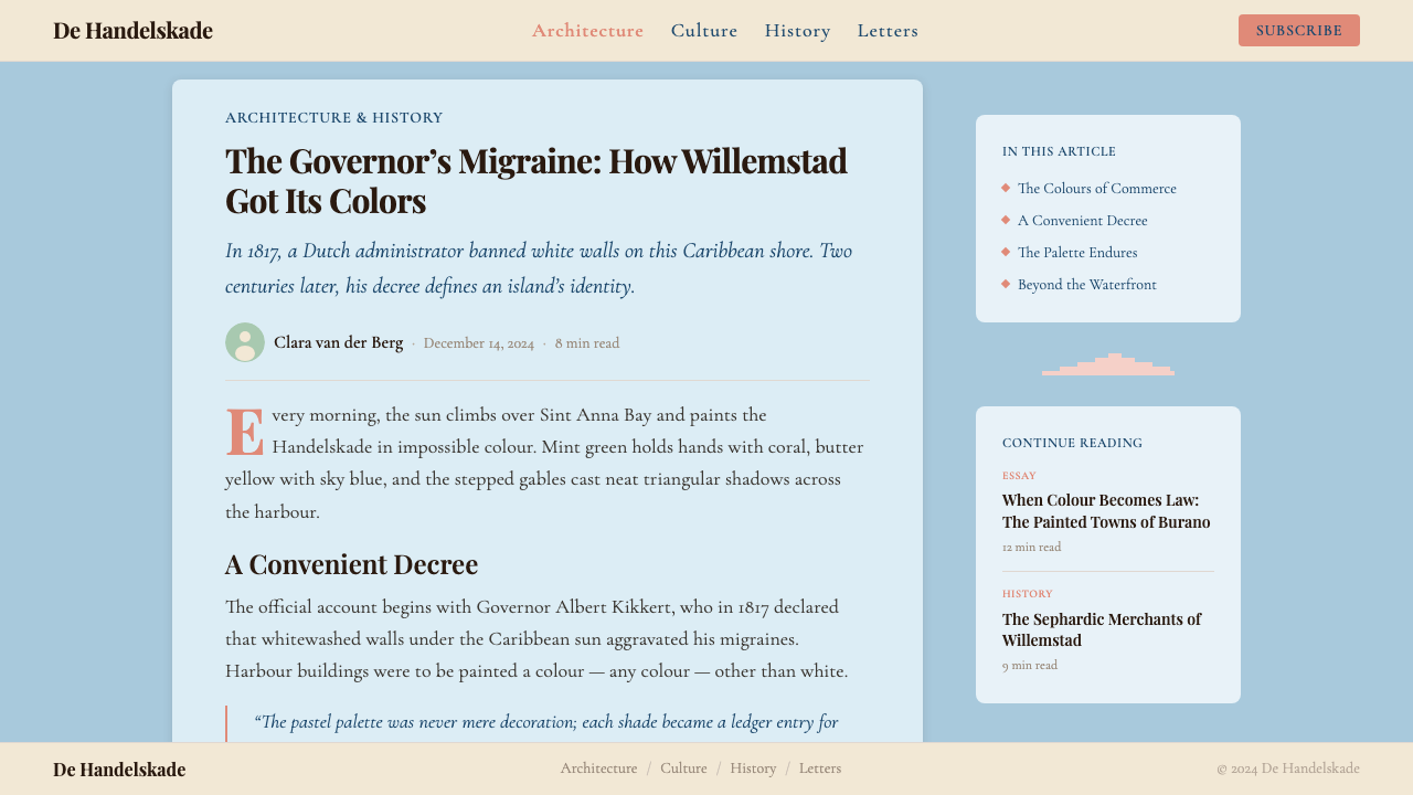 Curaçao Handelskade Pastel design style applied to a Article page
