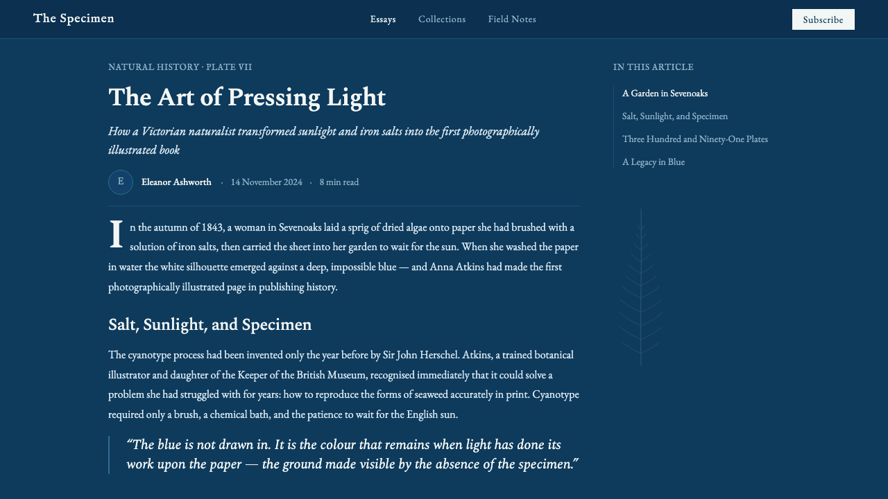 Anna Atkins Cyanotype design style applied to a Article page