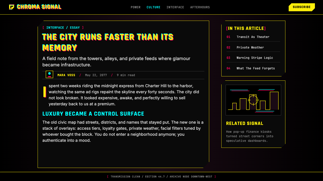 Cyberpunk 2077 Night City Yellow design style applied to a Article page