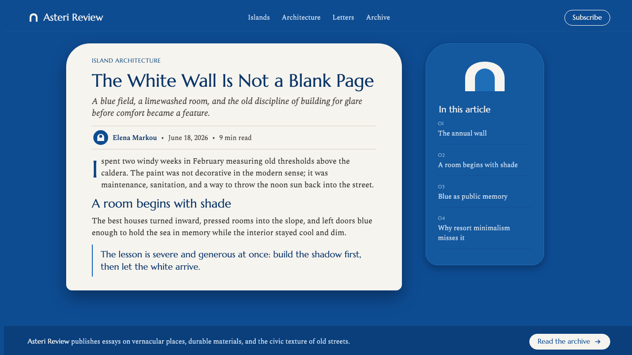 Cycladic Santorini design style applied to a Article page