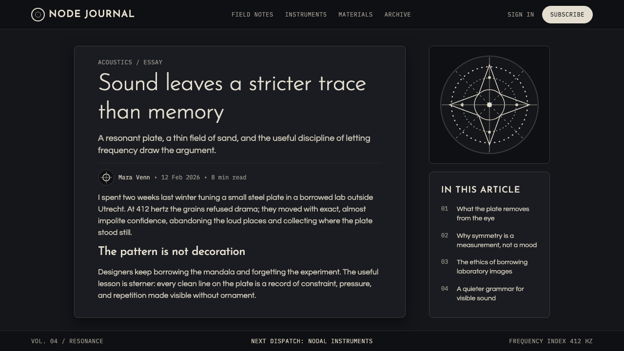 Cymatics Standing Wave design style applied to a Article page