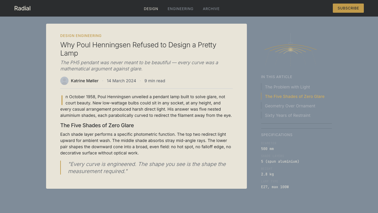 Danish PH5 Louis Poulsen (1958) design style applied to a Article page