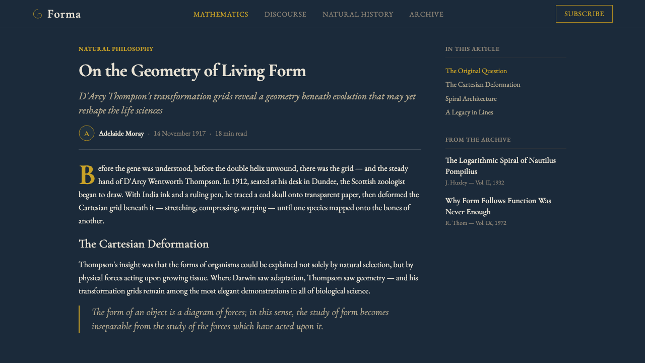 On Growth and Form design style applied to a Article page