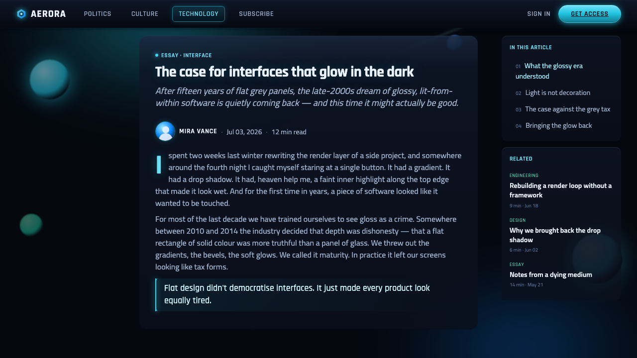 Dark Aero design style applied to a Article page