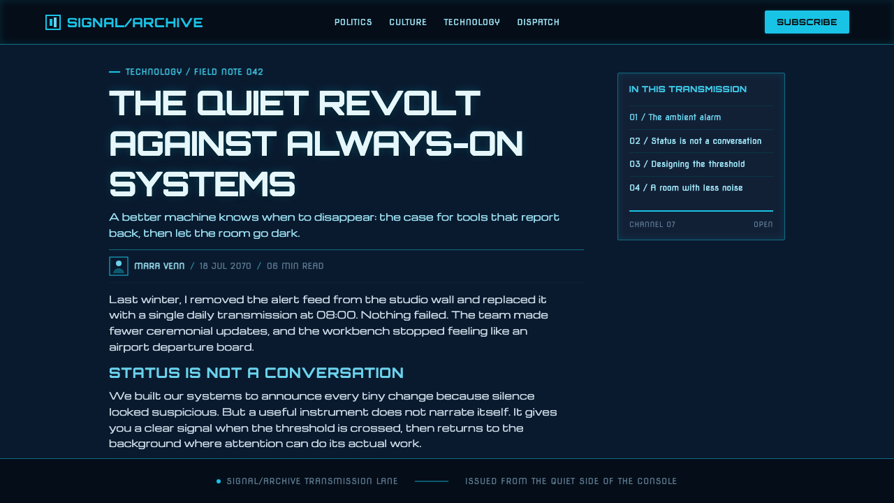 Data 70 Techno Display design style applied to a Article page