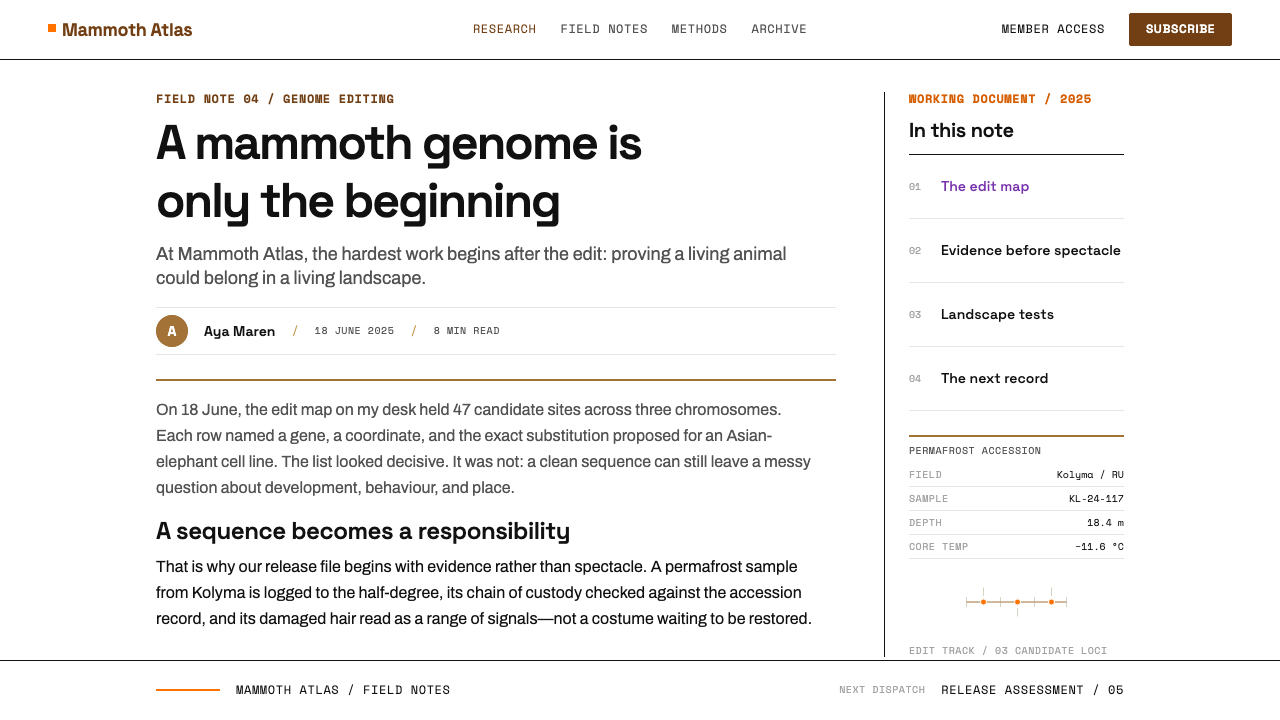 De-extinction Lab design style applied to a Article page