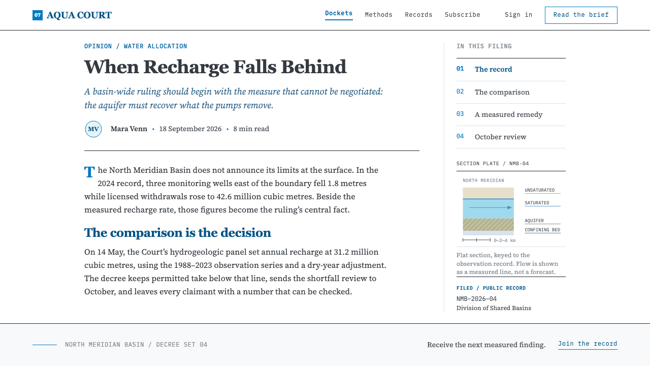 Deep Aquifer Water Court design style applied to a Article page