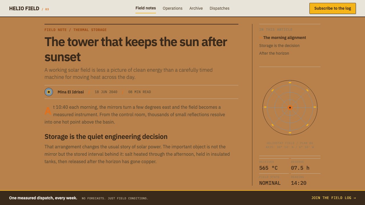 Desert Solar Megafield design style applied to a Article page
