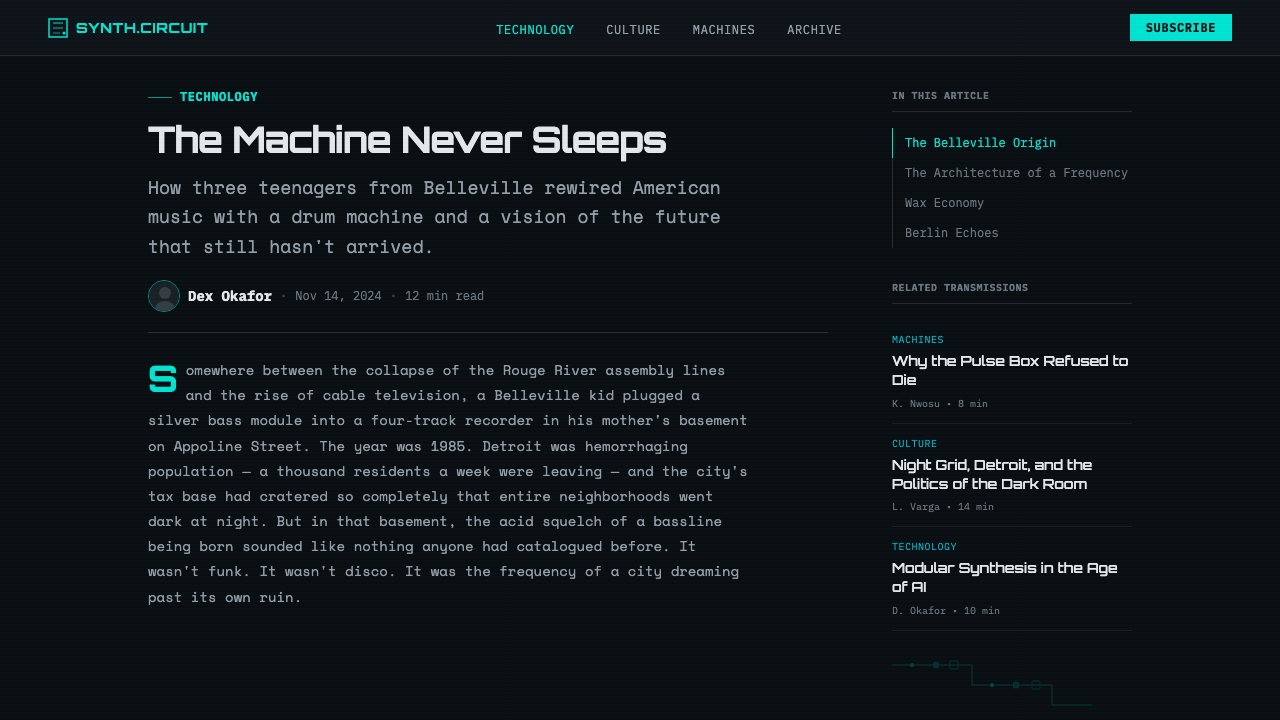 Detroit Techno design style applied to a Article page