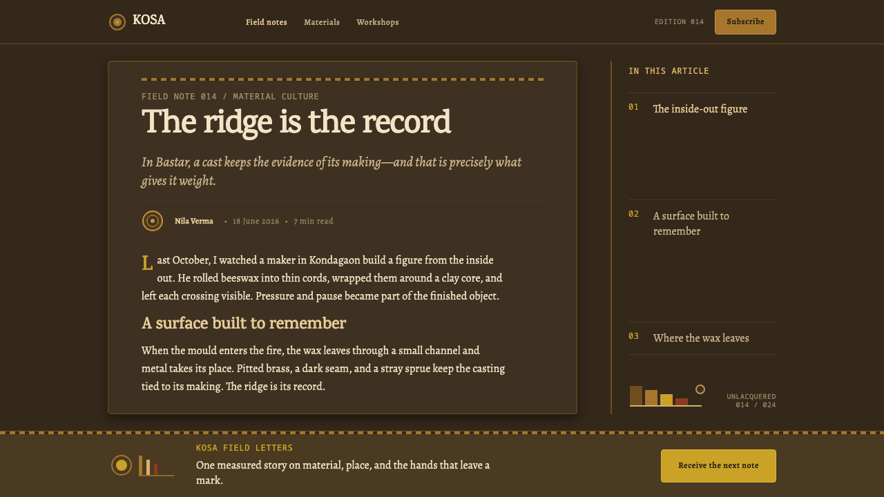 Dhokra Bastar Bronze design style applied to a Article page