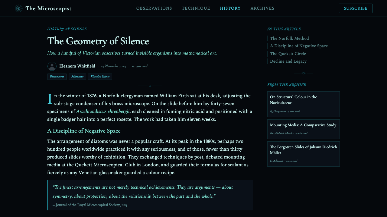 Diatom Arrangement design style applied to a Article page