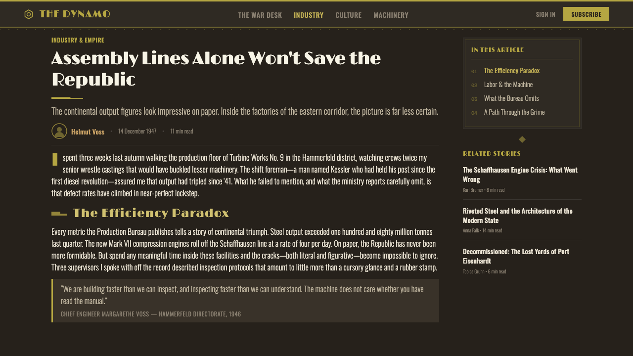 Dieselpunk Retrofuture design style applied to a Article page