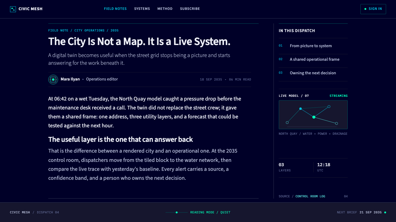 Digital Twin City Ops design style applied to a Article page