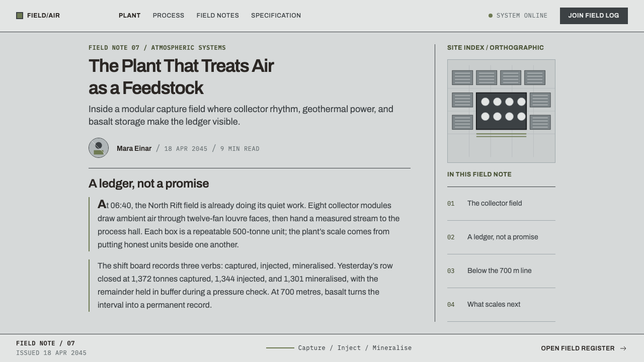 Direct Air Capture Plant design style applied to a Article page