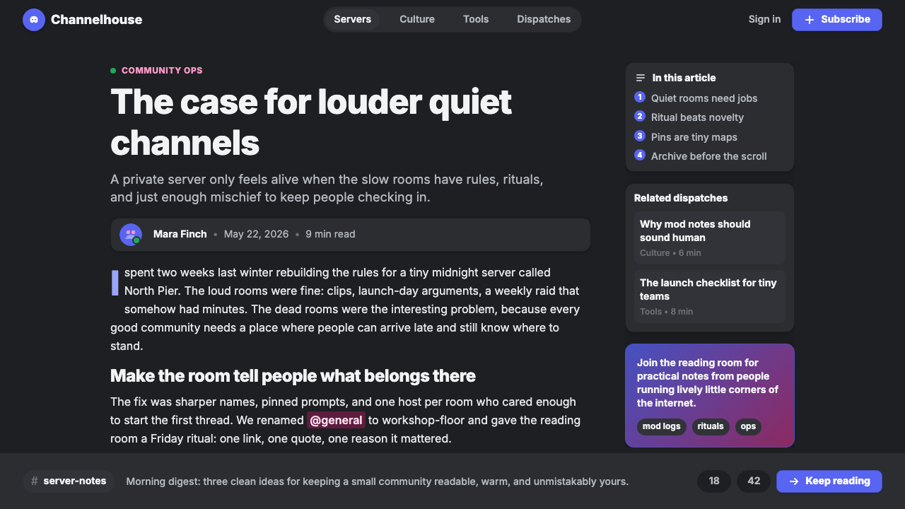 Discord Blurple Server (2020) design style applied to a Article page