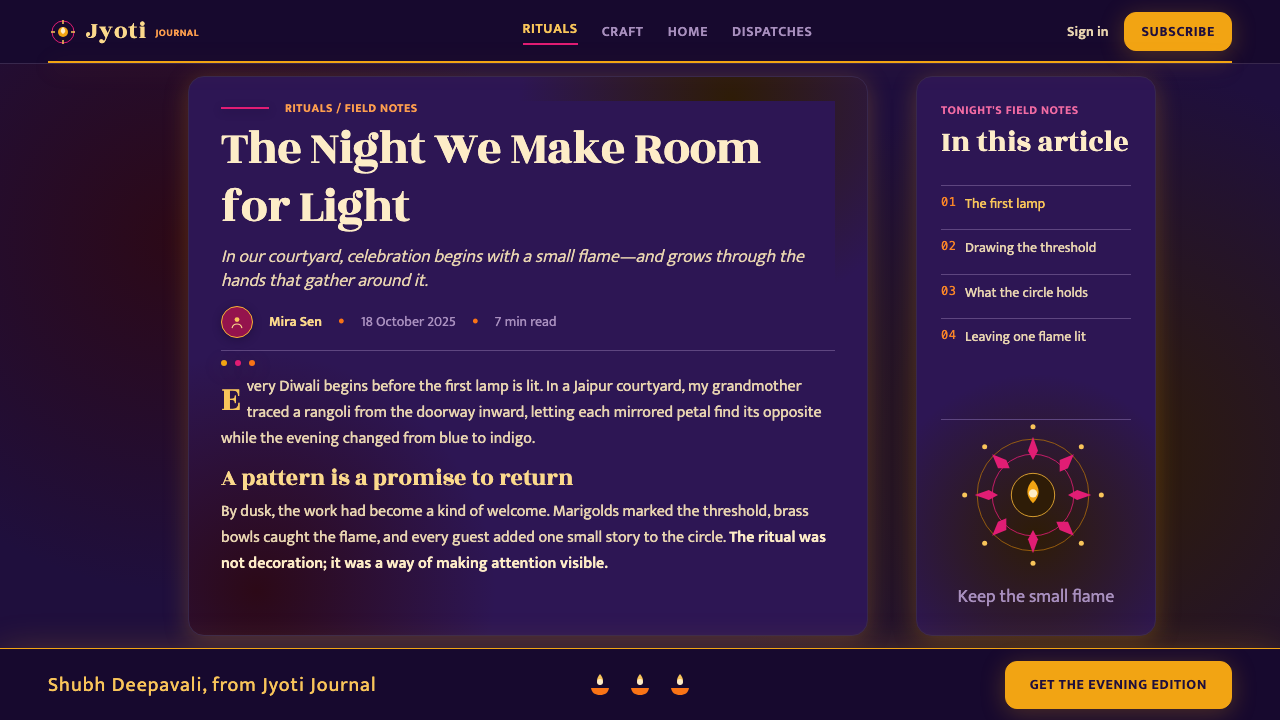 Diwali Festival of Lights design style applied to a Article page
