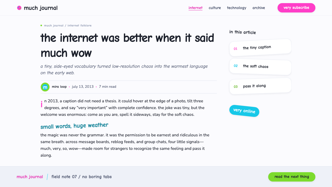 Doge Meme (2013) design style applied to a Article page