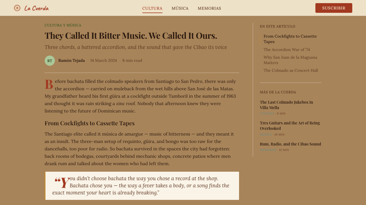 Dominican Bachata & Perico Ripiao design style applied to a Article page