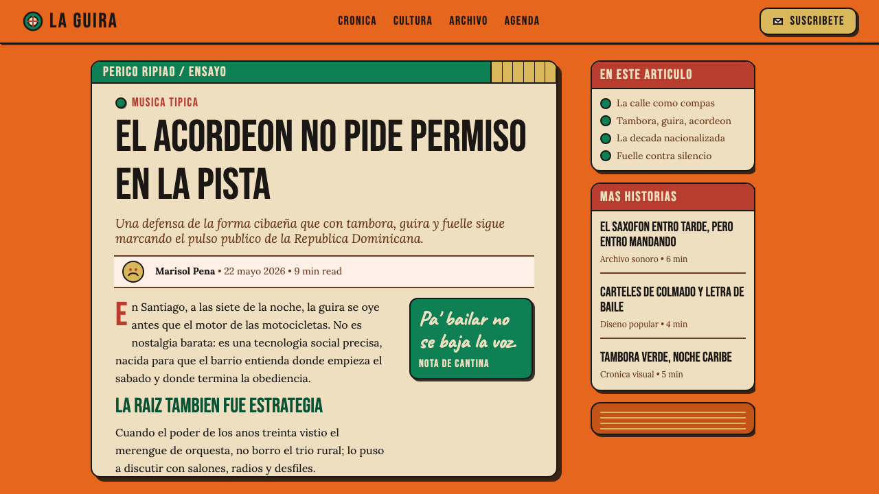 Dominican Merengue Perico Ripiao design style applied to a Article page