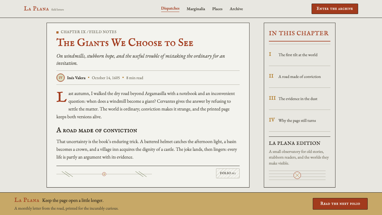 Don Quixote (1605) design style applied to a Article page