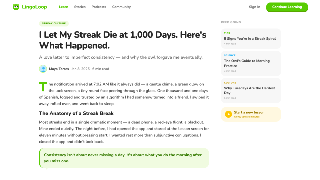 Duolingo Green Owl Mascot design style applied to a Article page