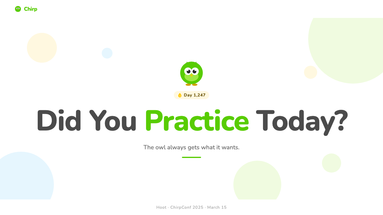 Duolingo Green Owl Mascot design style applied to a Slide · cover