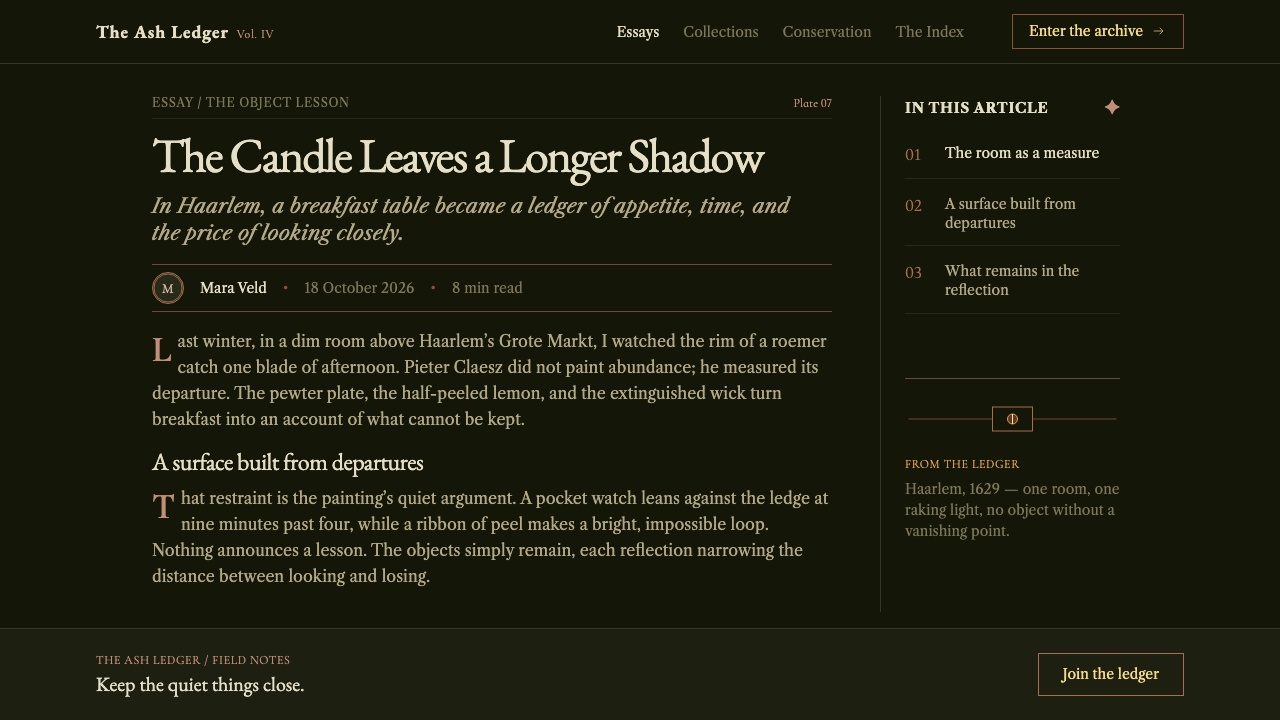 Dutch Vanitas design style applied to a Article page