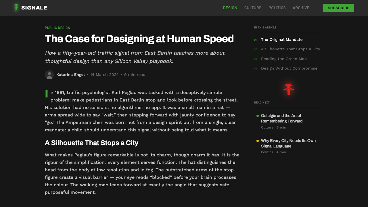 East German Ampelmännchen design style applied to a Article page