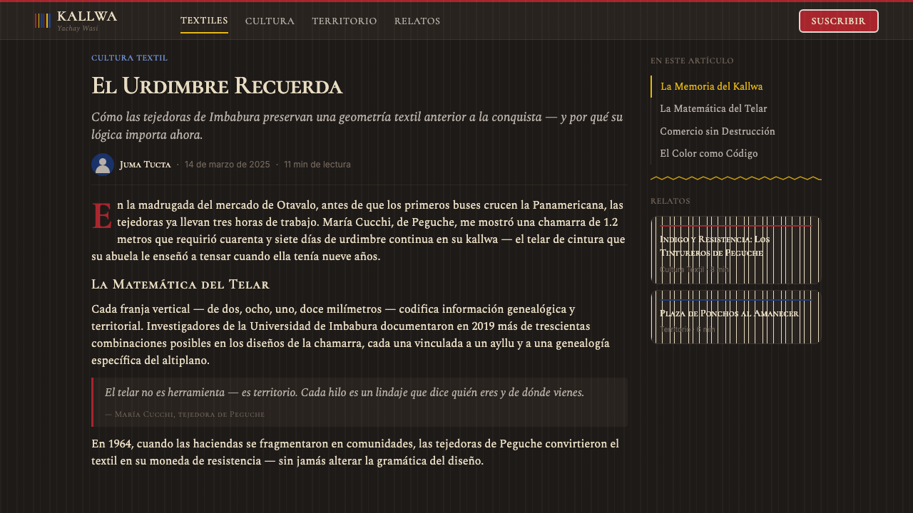 Ecuadorian Otavalo Cochineal Loom design style applied to a Article page