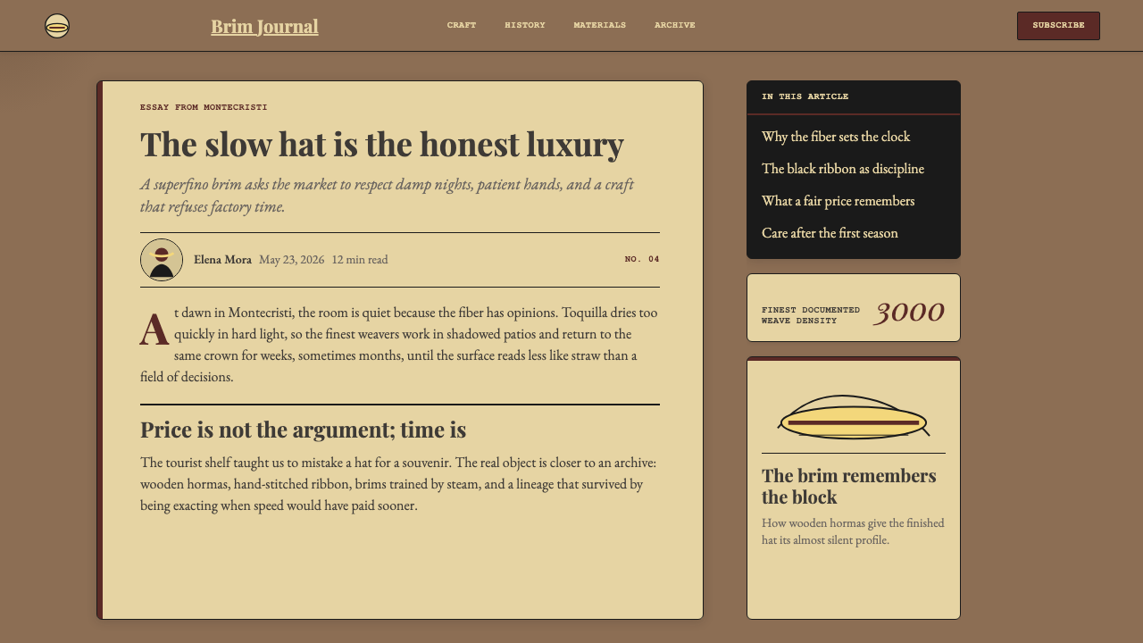 Ecuadorian Montecristi Panama Hat design style applied to a Article page
