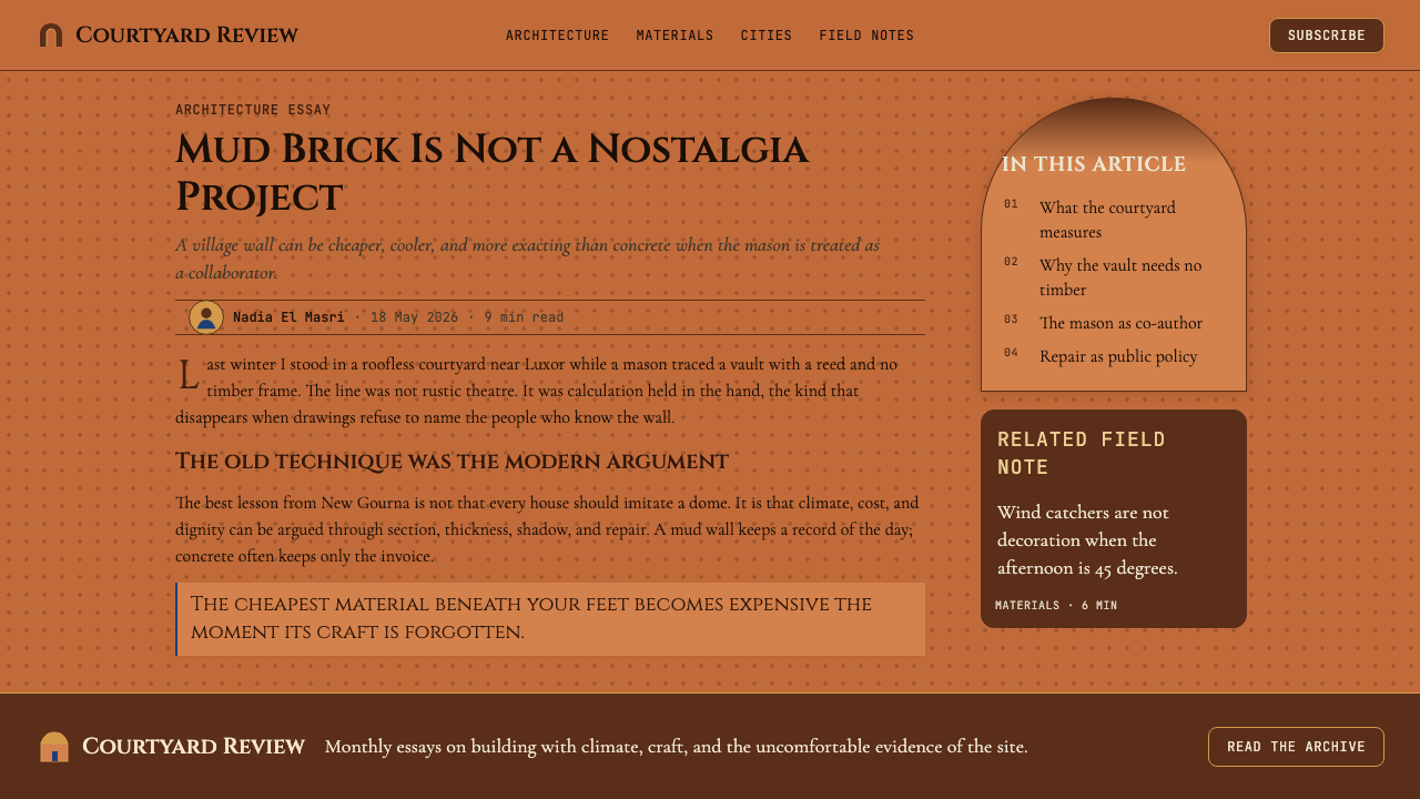 Egyptian Hassan Fathy Vernacular (1945) design style applied to a Article page