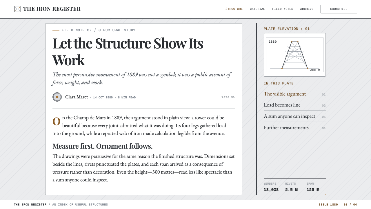 Eiffel Tower (1889) design style applied to a Article page