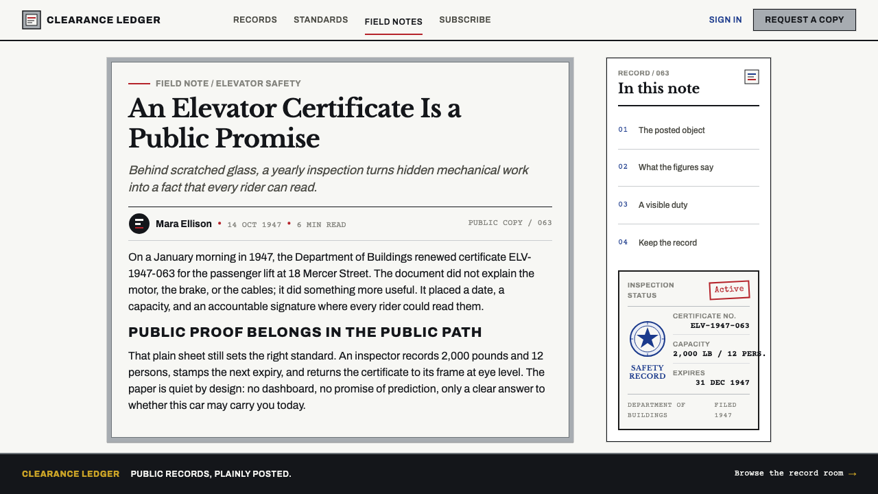 Elevator Certificate design style applied to a Article page