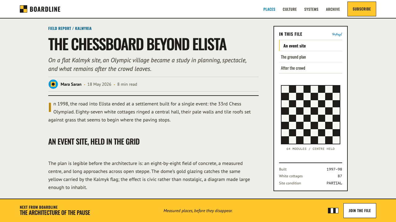 Chess City Elista design style applied to a Article page