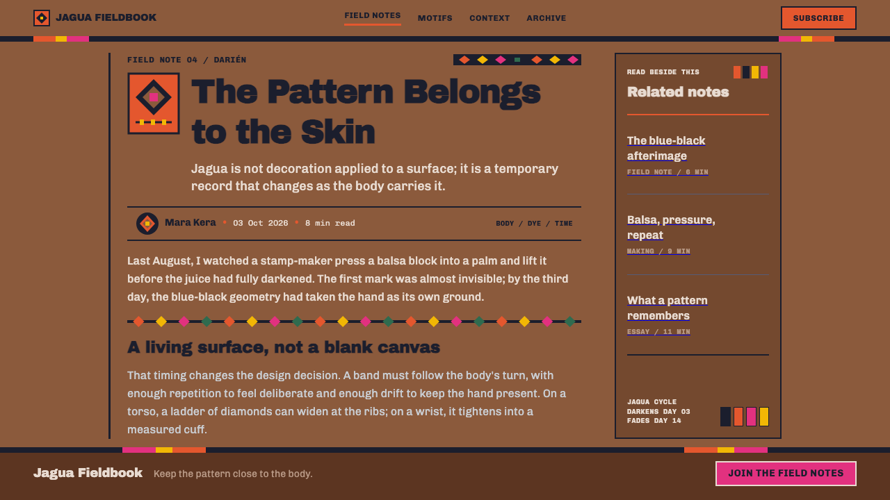 Emberá Jagua design style applied to a Article page