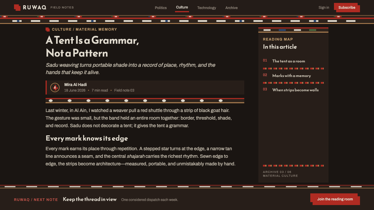 Emirati Sadu Weaving design style applied to a Article page