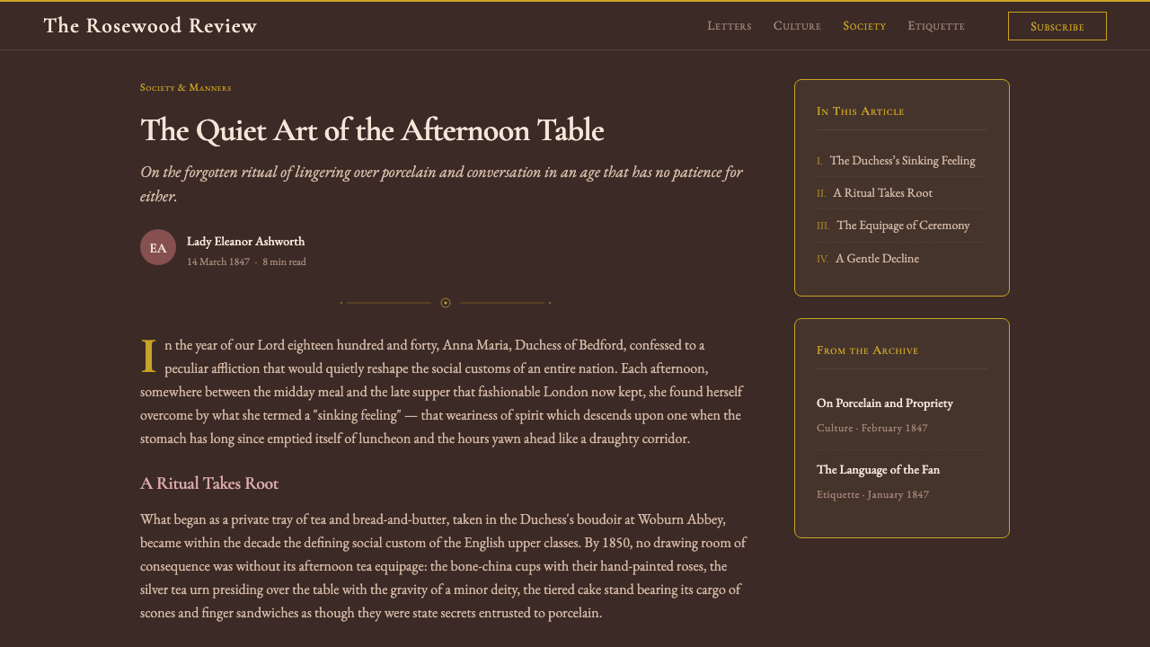 English Afternoon Tea design style applied to a Article page
