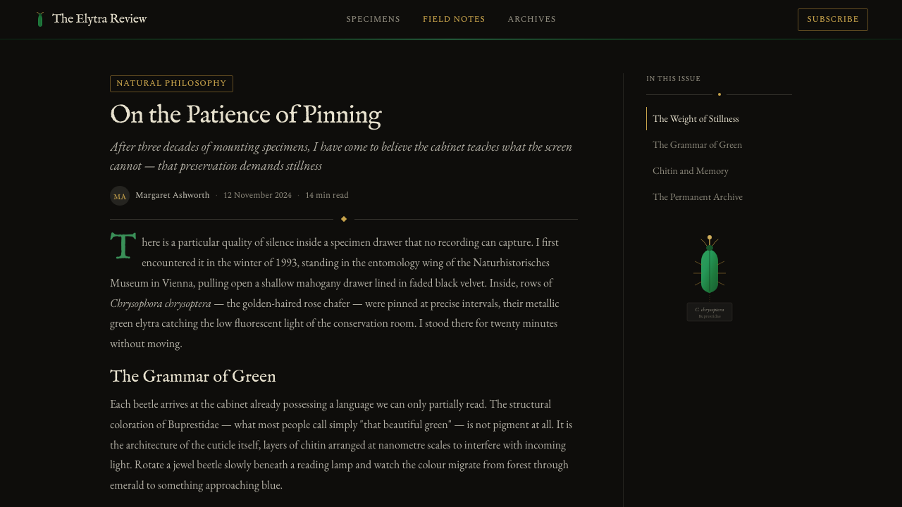 Beetle Specimen Cabinet design style applied to a Article page